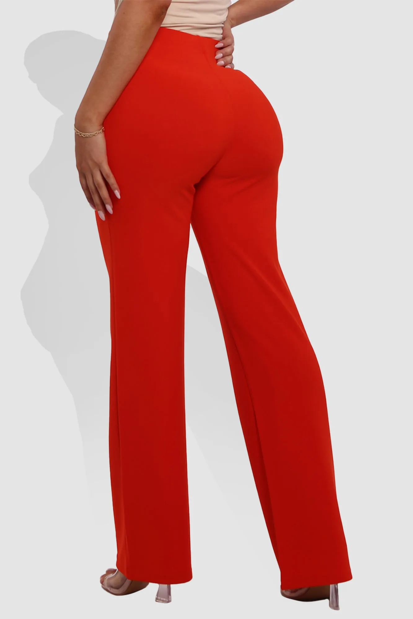 High Waist Straight Leg Pants With O-Ring Buckle Waist Detail - Vermilion