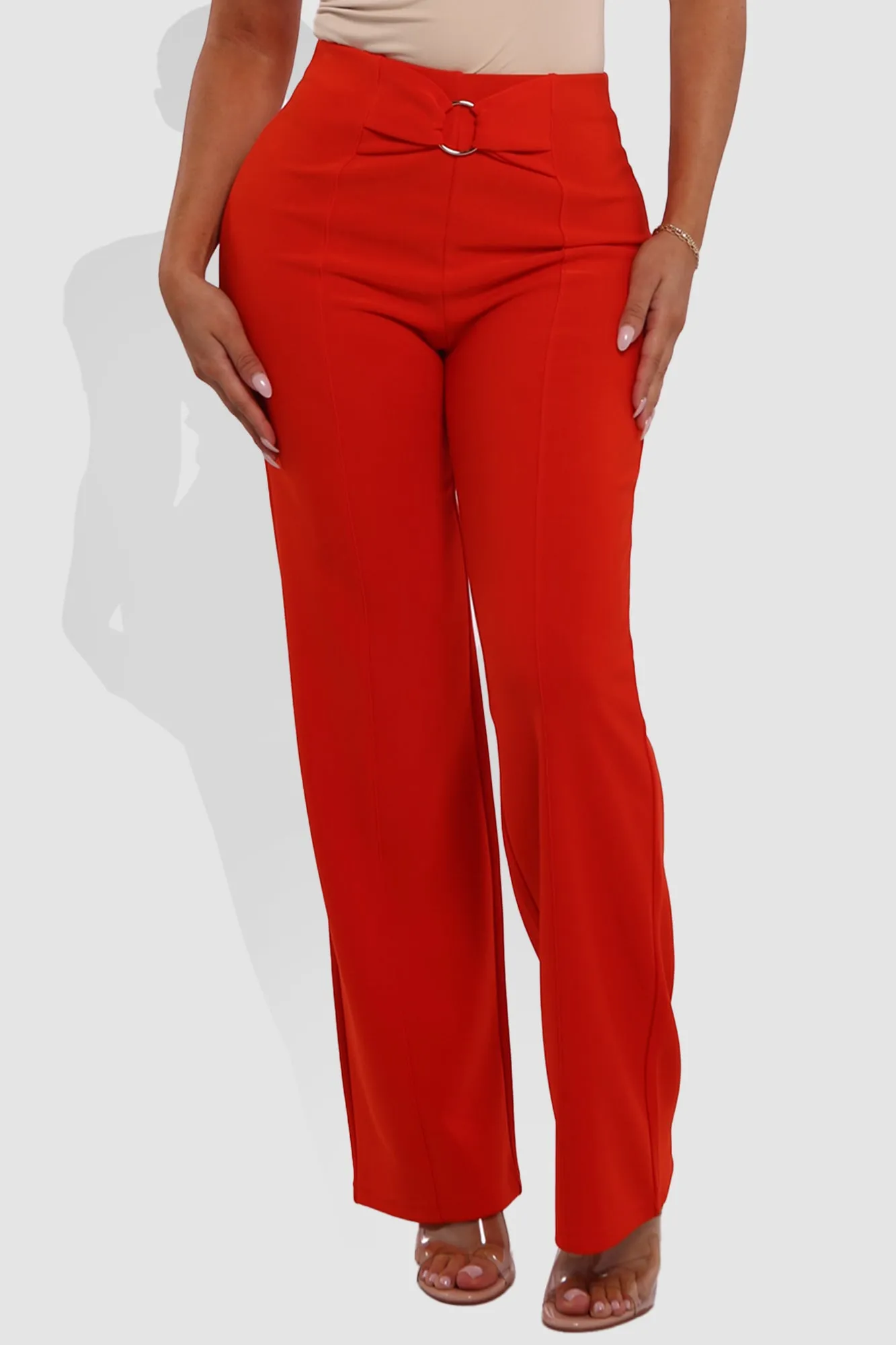 High Waist Straight Leg Pants With O-Ring Buckle Waist Detail - Vermilion