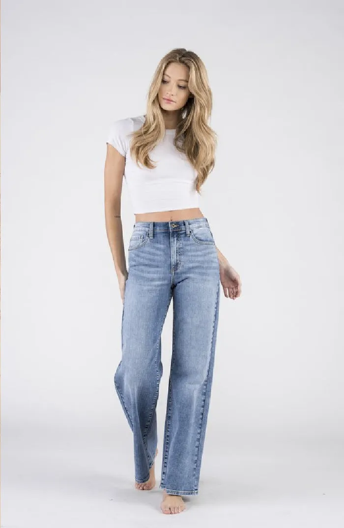 High Waisted Wide Leg Stretch Denim | Medium Wash