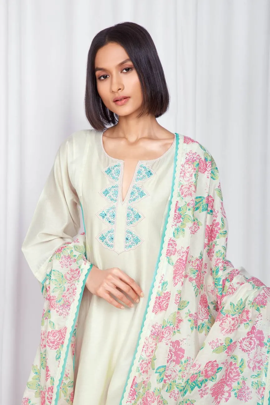 Ivory And Light Turquoise Kurta Set