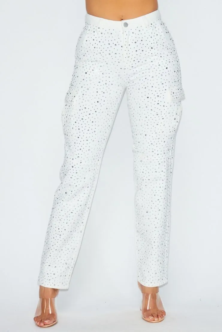 Jenny Rhinestone Denim Cargo Pants - White