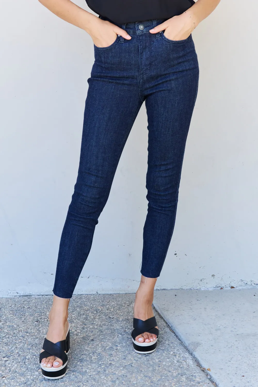 Judy Blue Dark High Waist Tummy Control Raw Hem Skinny