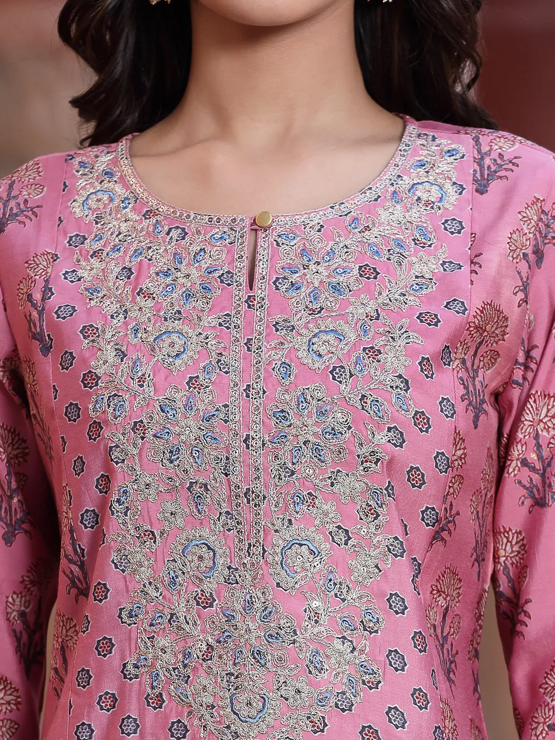 Juniper Pink Ethnic Motif Printed Muslin Straight Kurta & Pure Cotton Pants Set With Zari Work.