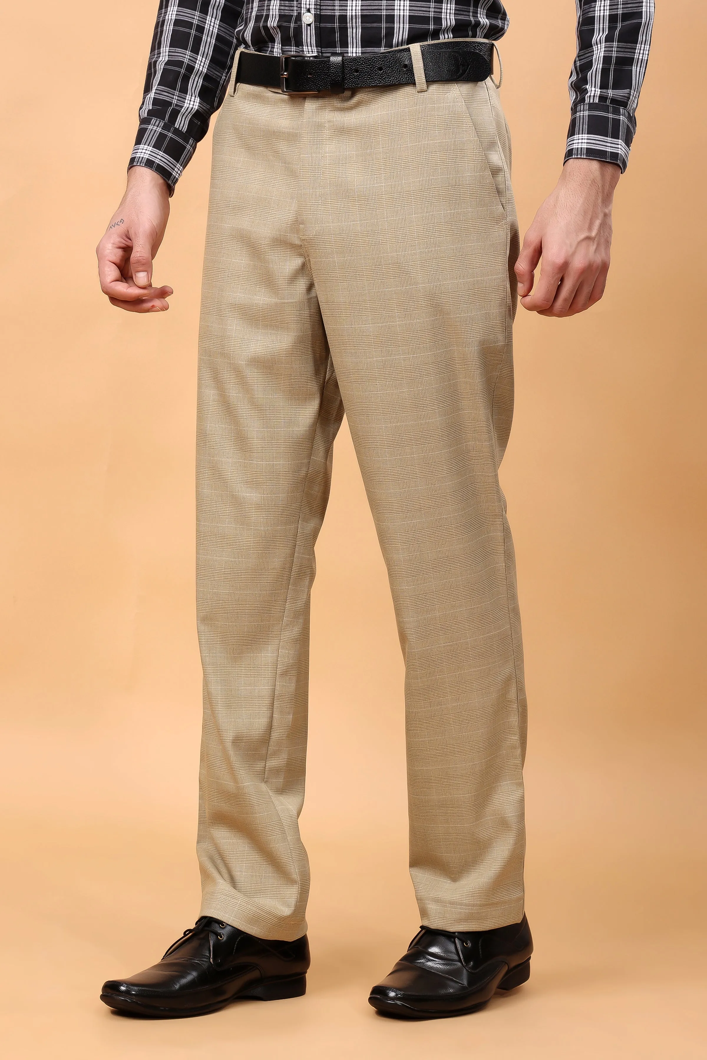 Khaki Checked Formal Trousers