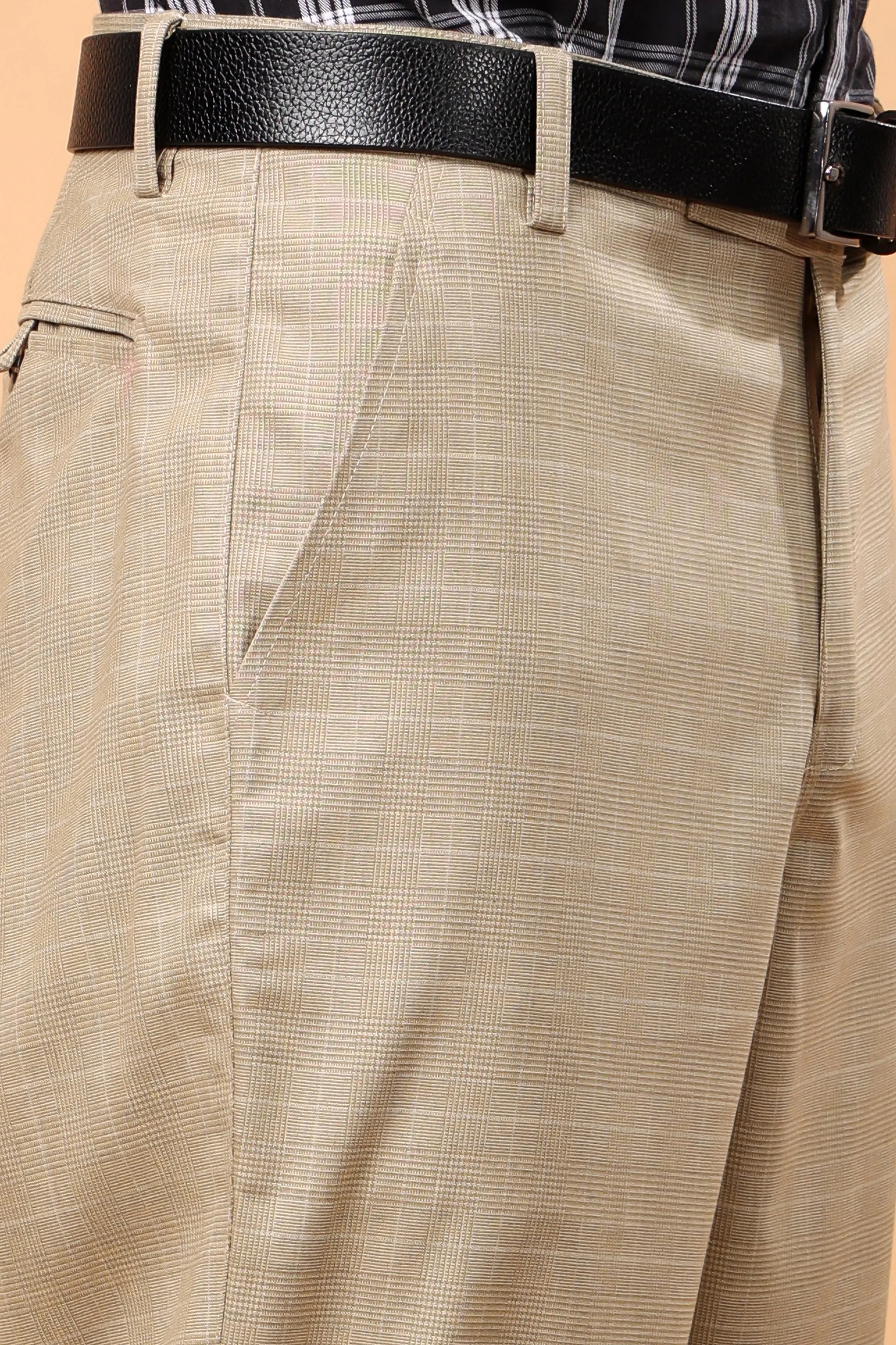 Khaki Checked Formal Trousers