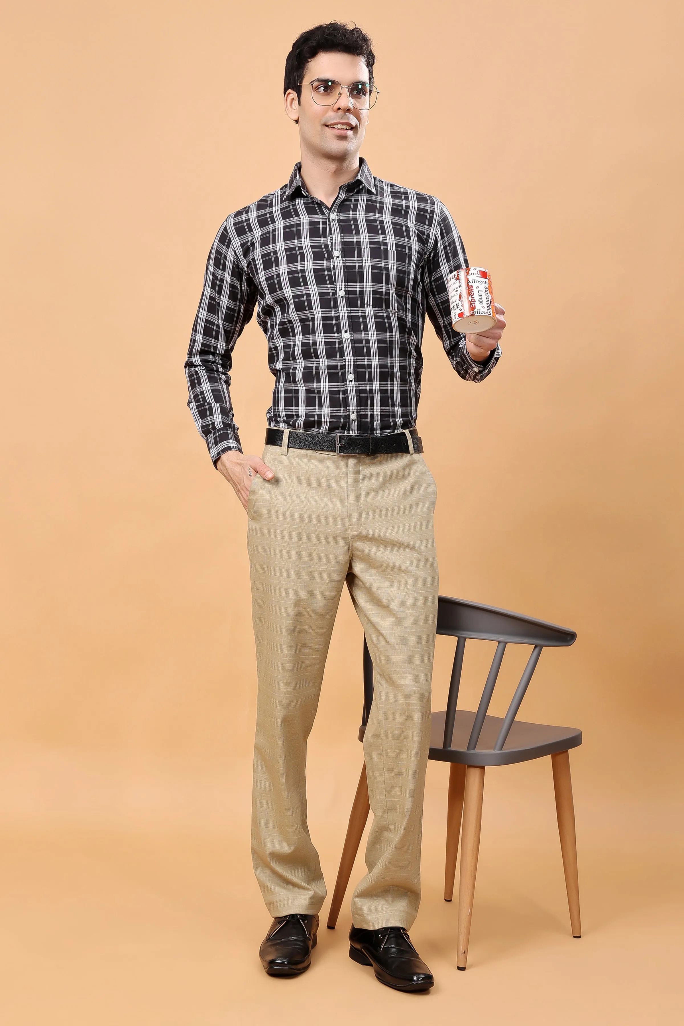 Khaki Checked Formal Trousers