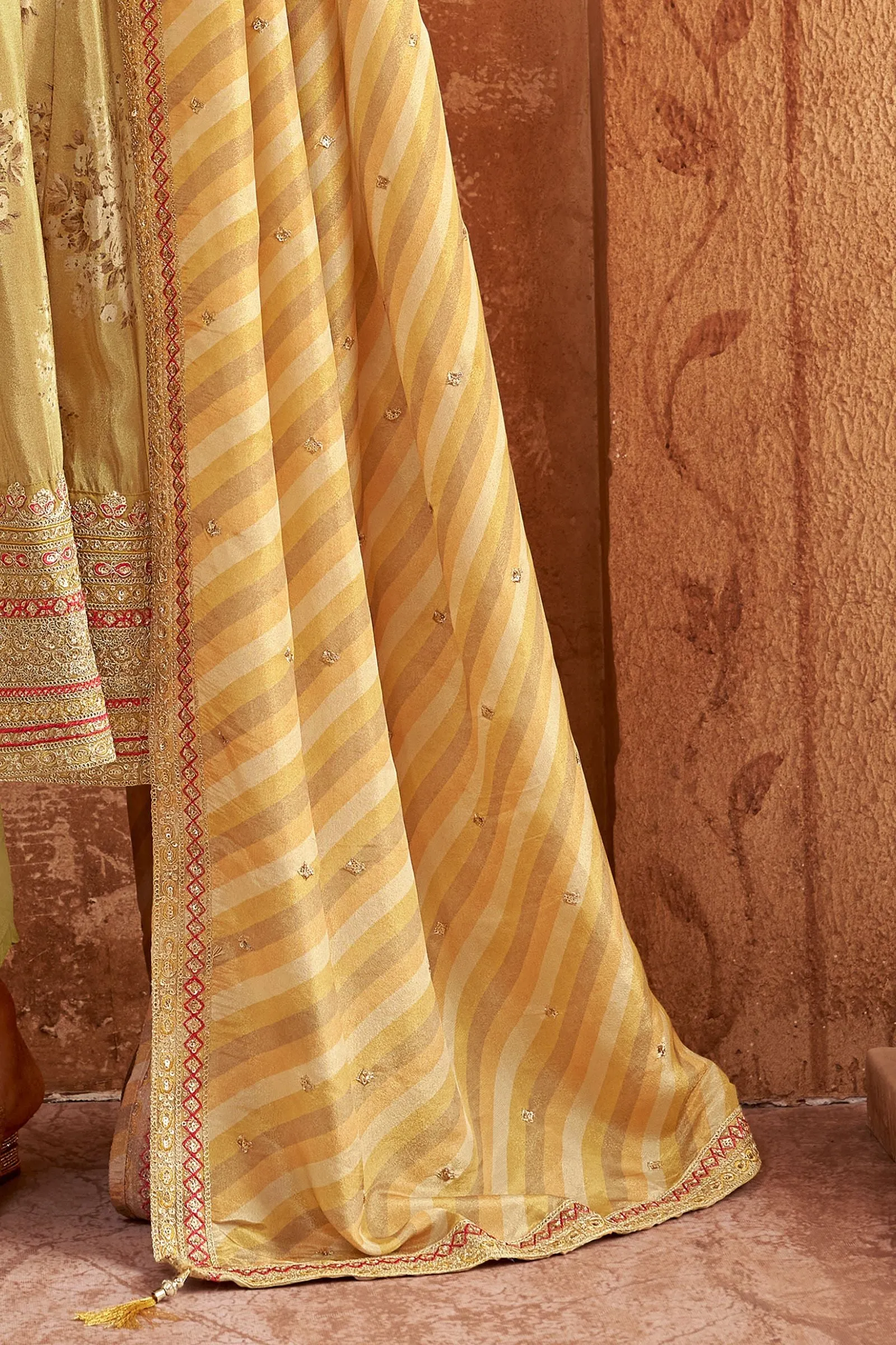 Lemon Yellow Digital Print, Sequins, Zari and Thread work Anarkali Style Salwar Suit