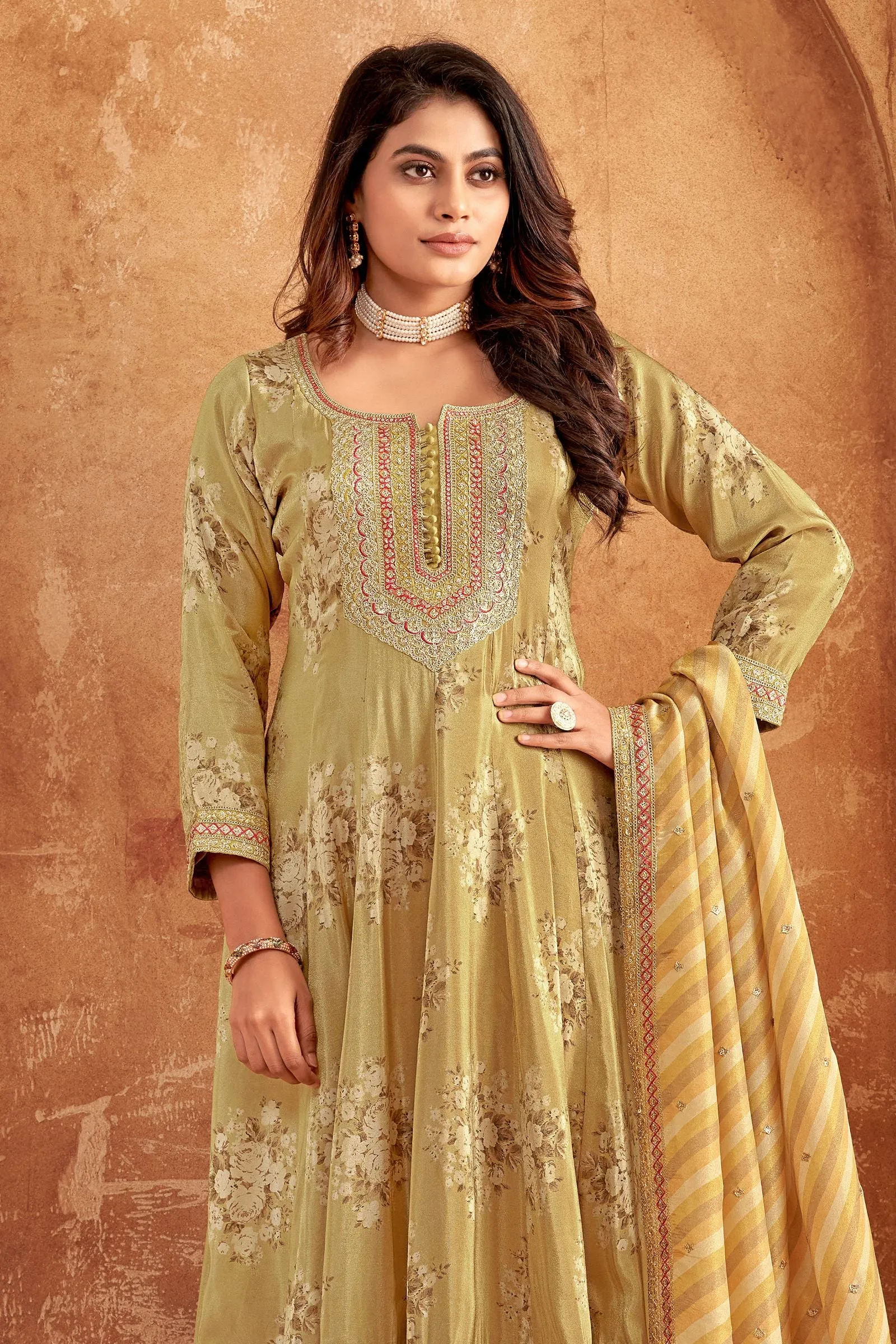 Lemon Yellow Digital Print, Sequins, Zari and Thread work Anarkali Style Salwar Suit