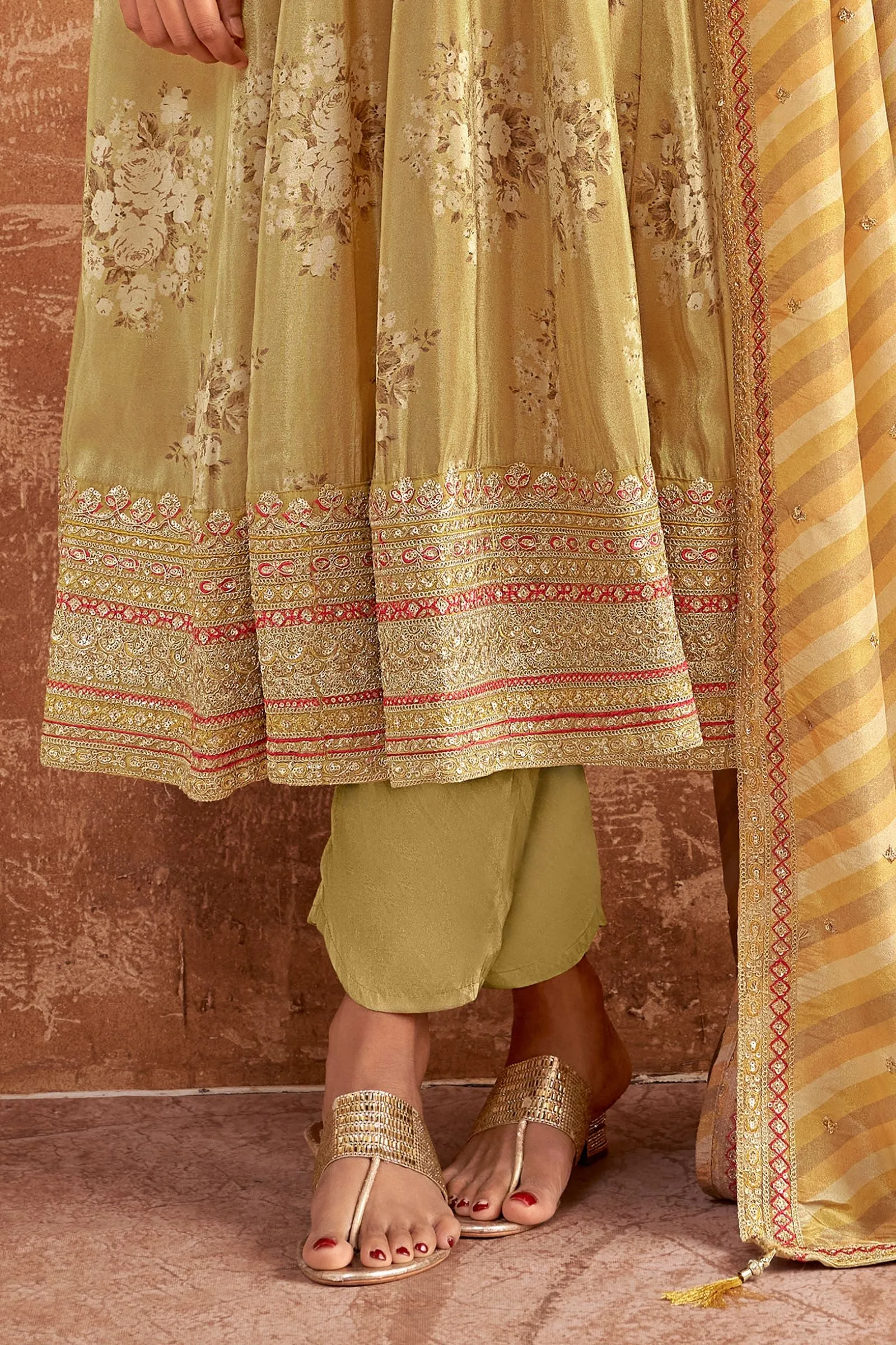 Lemon Yellow Digital Print, Sequins, Zari and Thread work Anarkali Style Salwar Suit