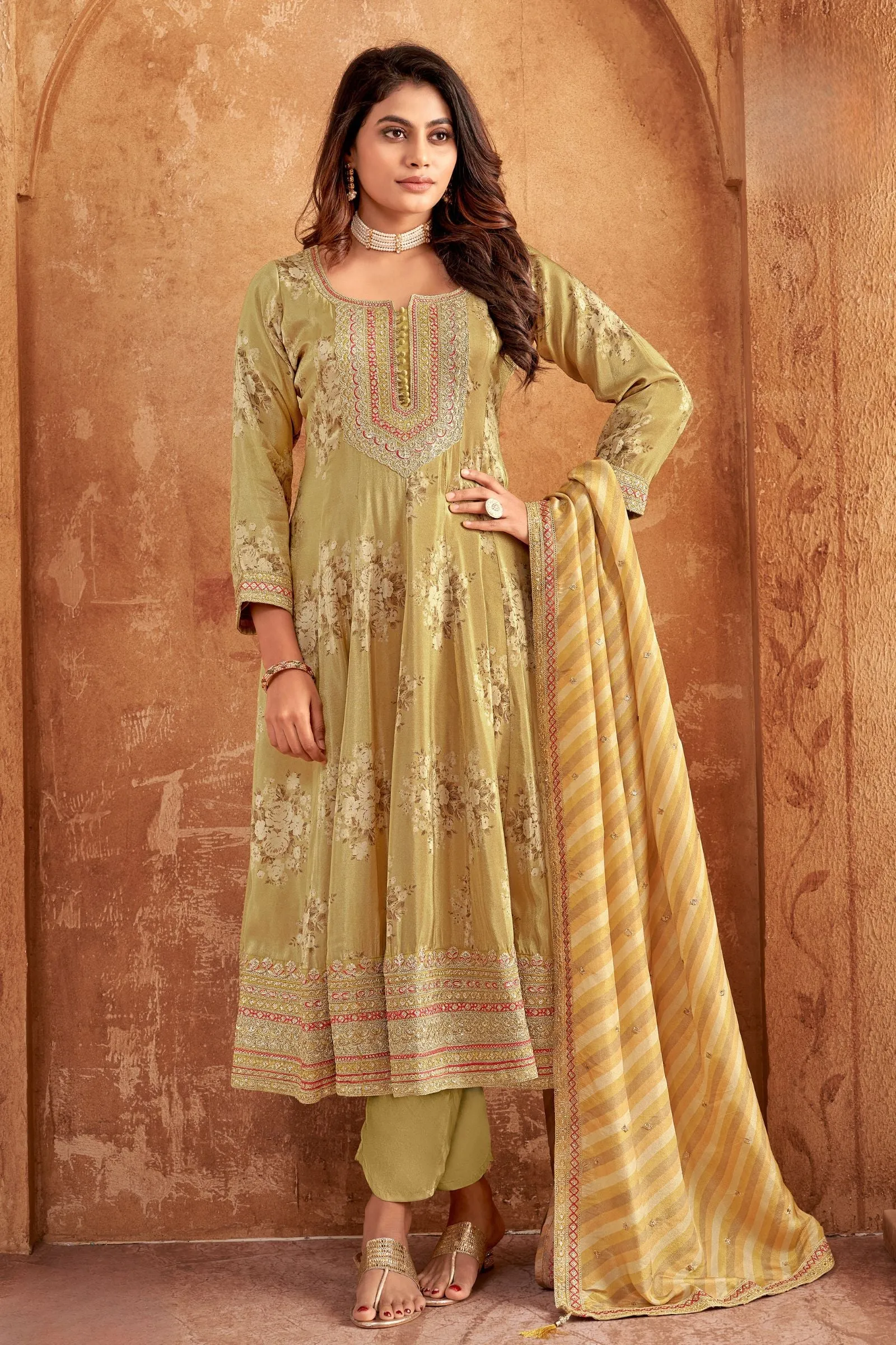 Lemon Yellow Digital Print, Sequins, Zari and Thread work Anarkali Style Salwar Suit