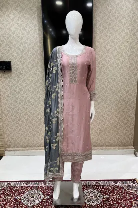 Light Pink Sequins, Zari and Thread work Straight Cut Salwar Suit