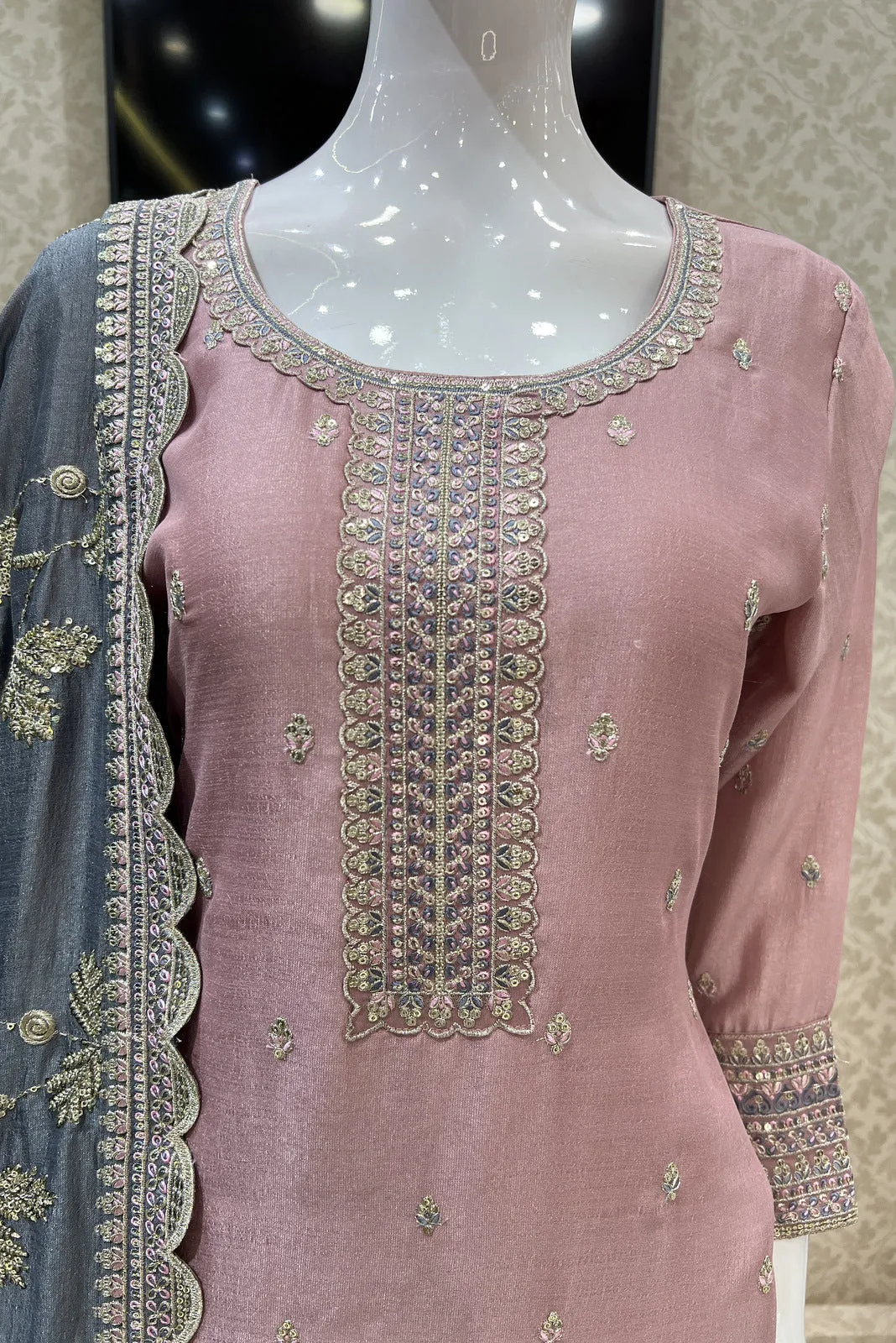 Light Pink Sequins, Zari and Thread work Straight Cut Salwar Suit