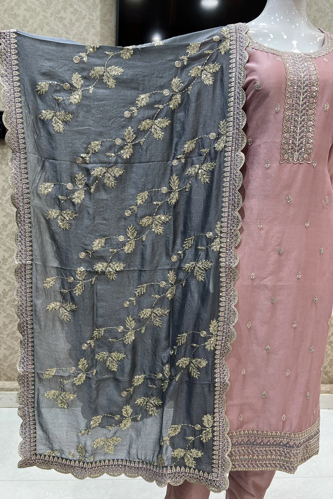 Light Pink Sequins, Zari and Thread work Straight Cut Salwar Suit