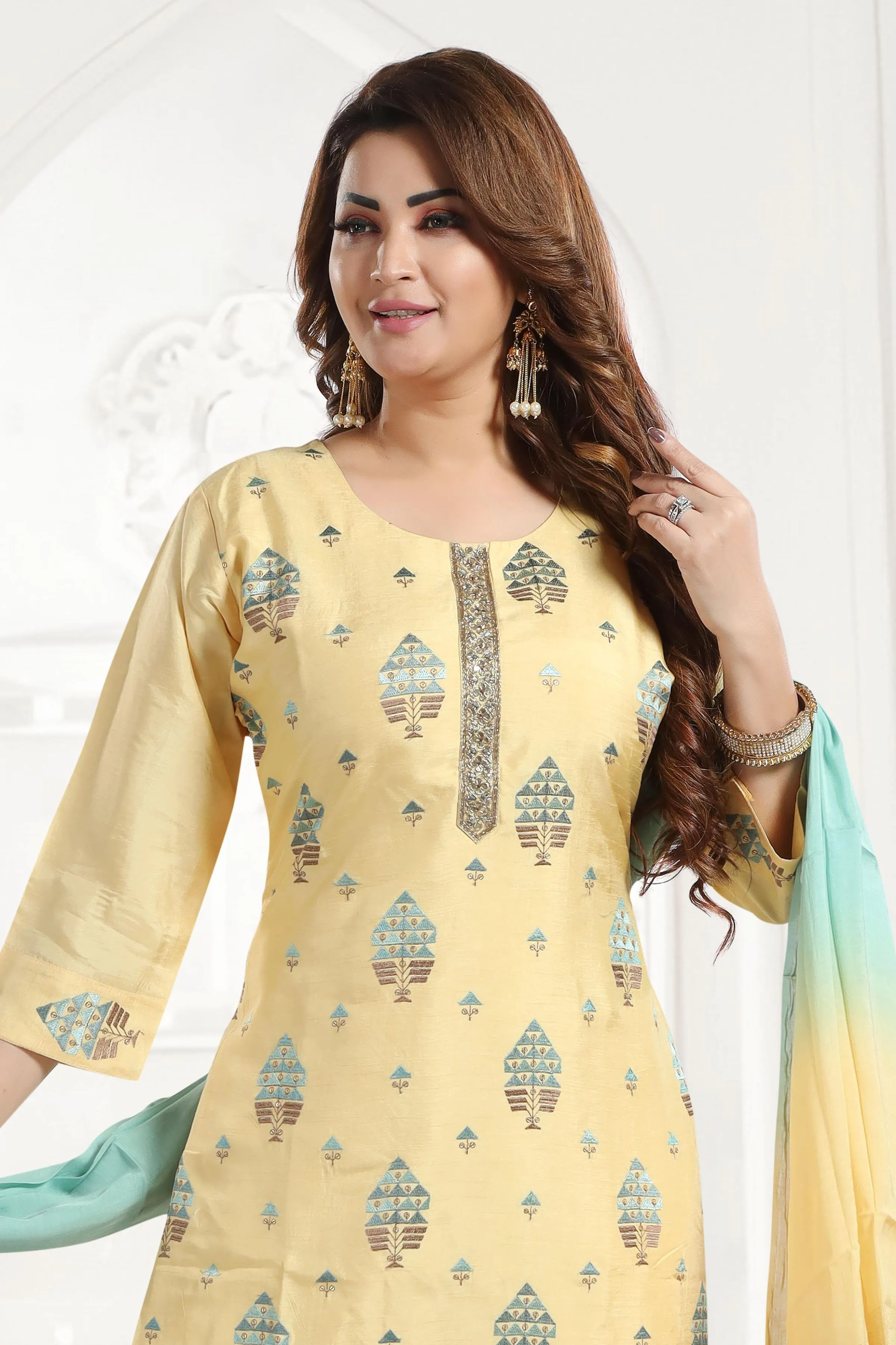 Lime Yellow Thread, Sequins, Zardozi and Mirror work Straight Cut Salwar Suit