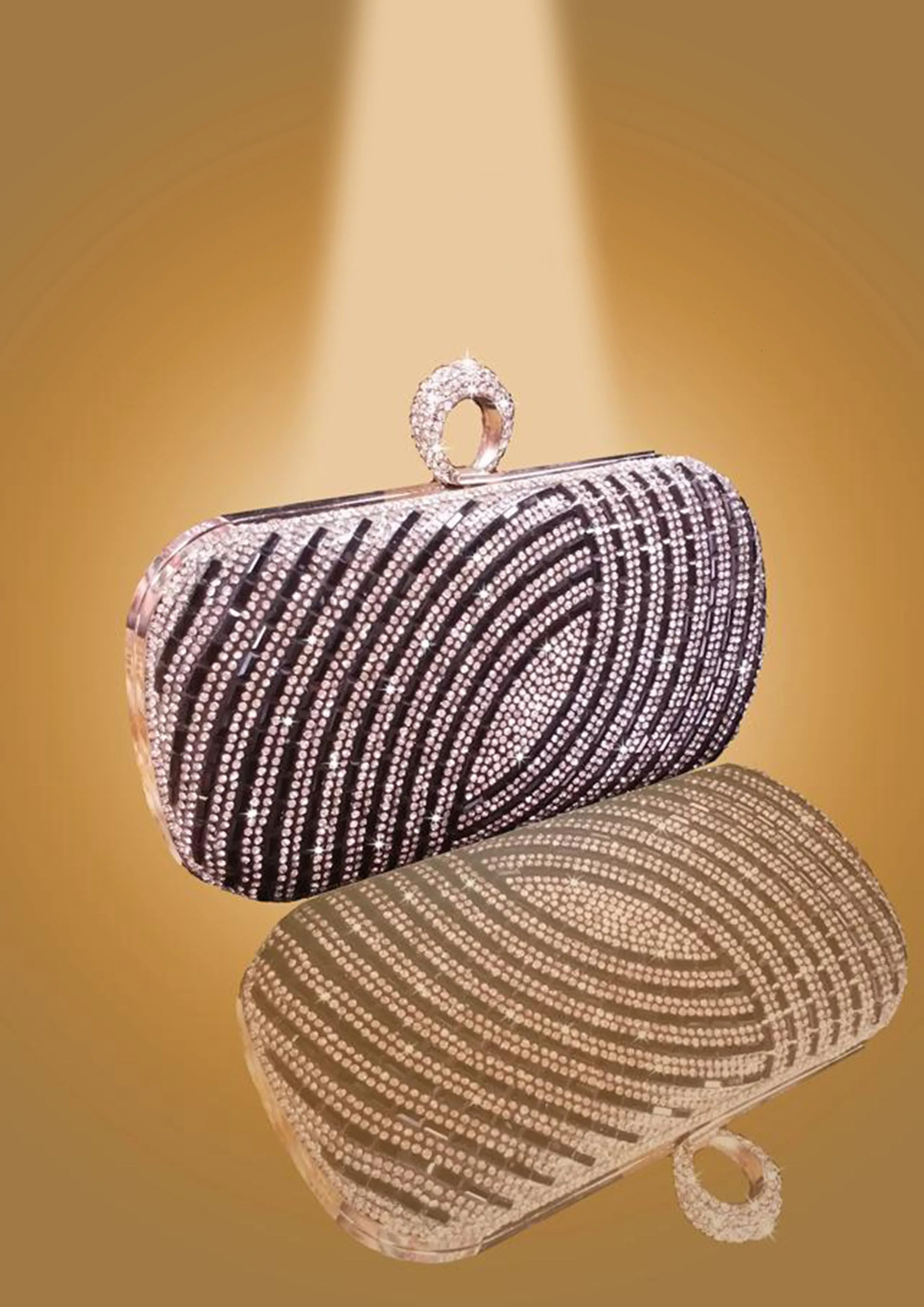 'Lined Diamante Lustrous Clutch with Diamond Studded Clasp by Oorvi Desai' (OD - B 44 Black/ Silver)