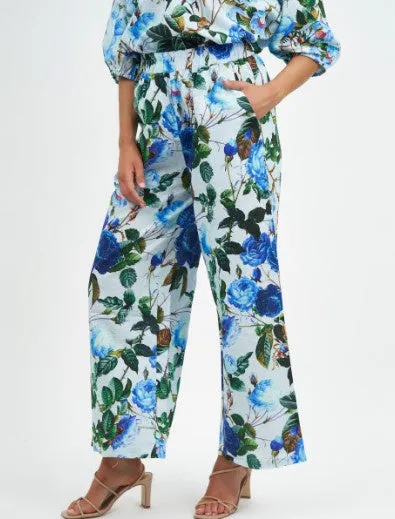 Linen Print pant sky