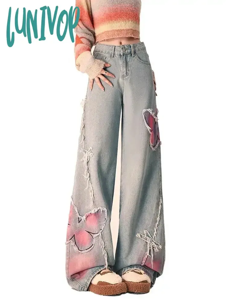 Lunivop American New Butterfly Embroidered Raw Edge Jeans Female Y2K Street Complex Gothic Punk Straight Loose Wide Leg Jeans streetwear