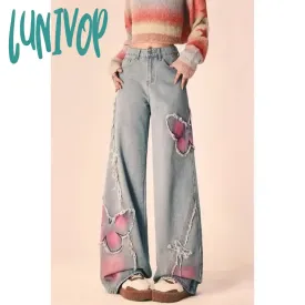 Lunivop American New Butterfly Embroidered Raw Edge Jeans Female Y2K Street Complex Gothic Punk Straight Loose Wide Leg Jeans streetwear