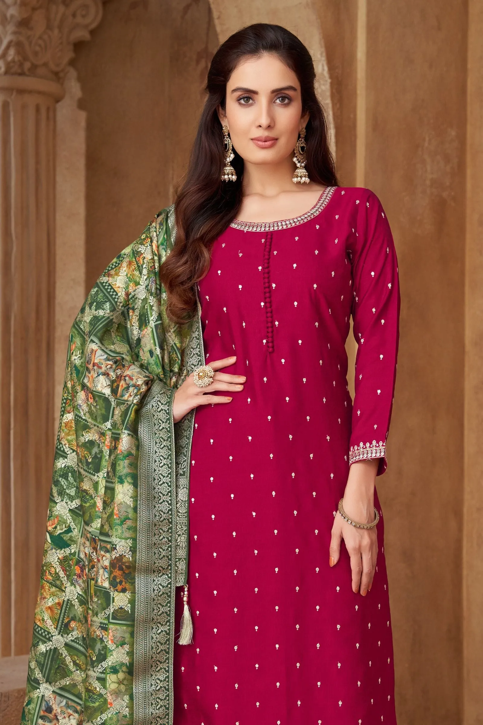 Maroon Sequins, Zari and Thread work Straight Cut Salwar Suit