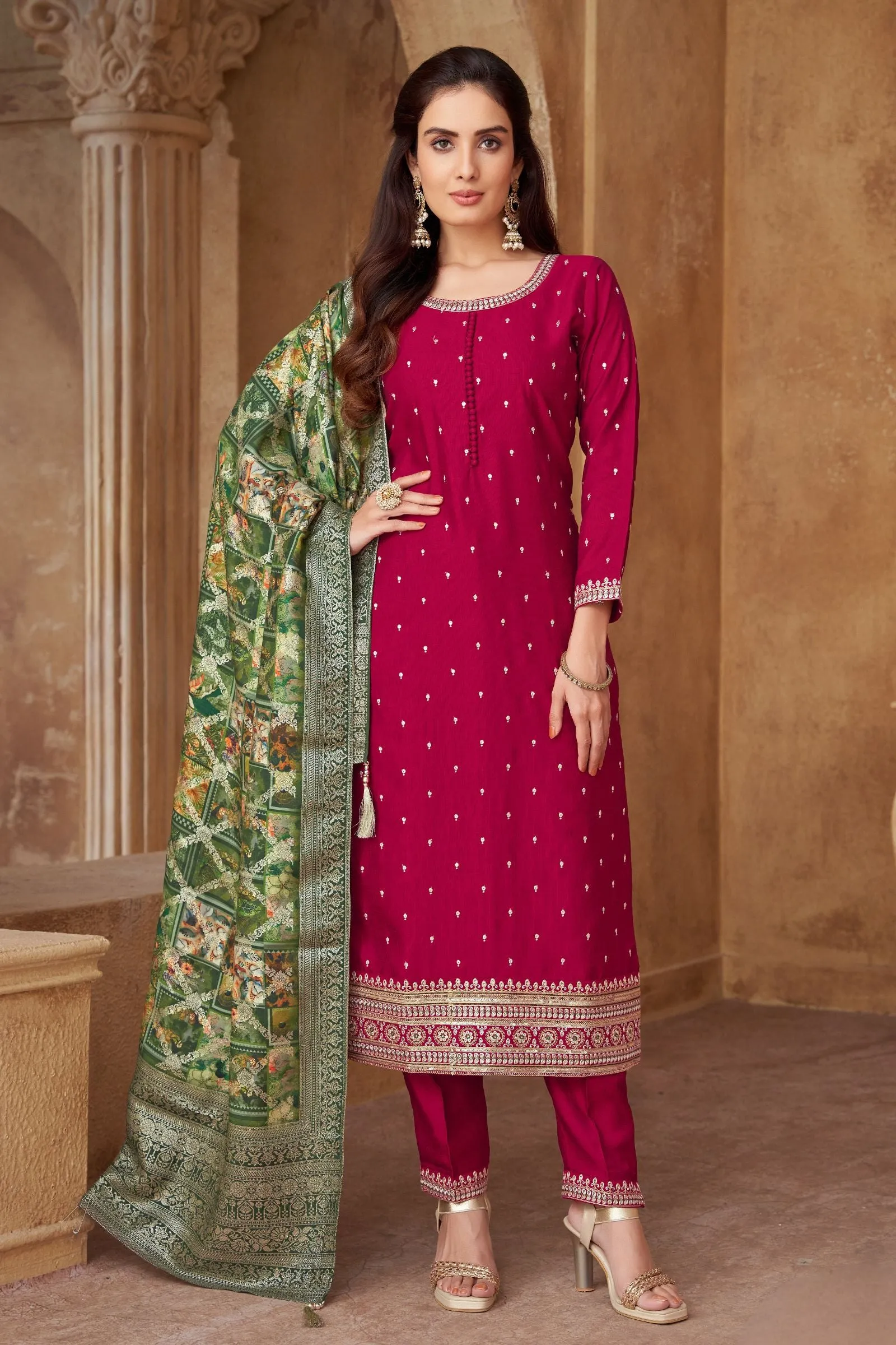 Maroon Sequins, Zari and Thread work Straight Cut Salwar Suit