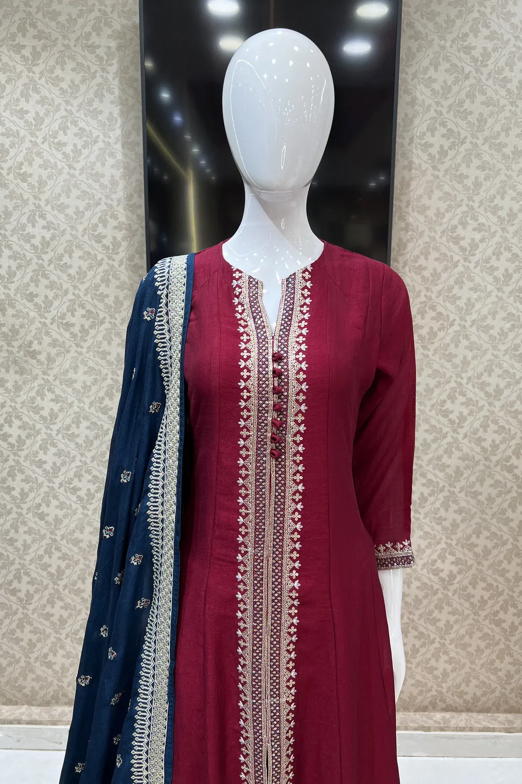 Maroon Zari Thread and Sequins work Anarkali Style Salwar Suit