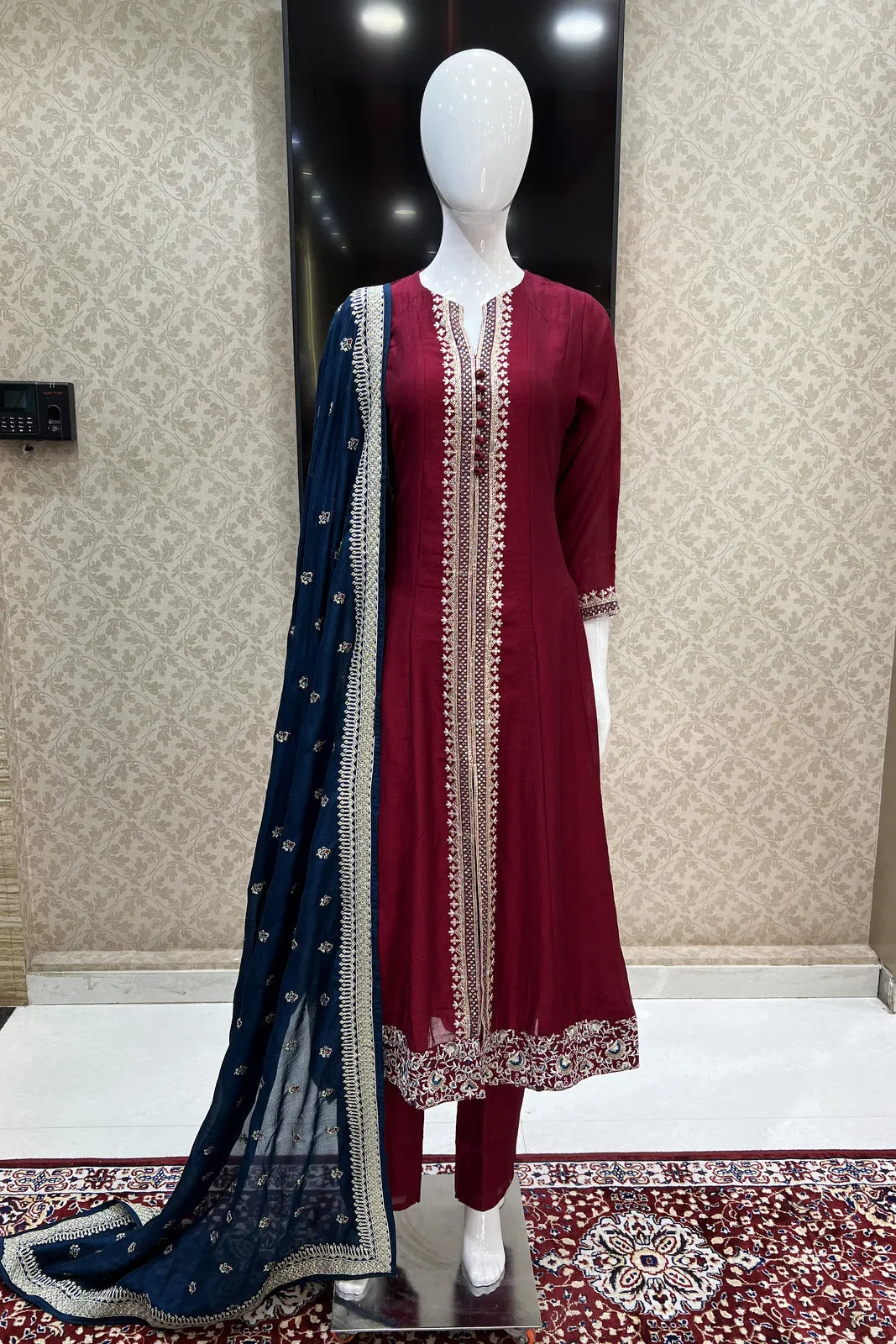 Maroon Zari Thread and Sequins work Anarkali Style Salwar Suit