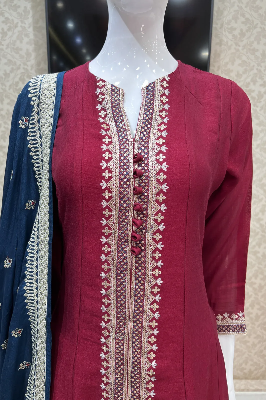 Maroon Zari Thread and Sequins work Anarkali Style Salwar Suit