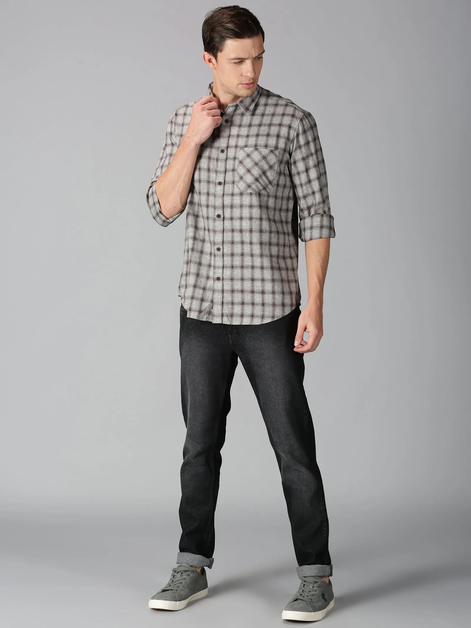 MEN'S BROWN, RED CHECK SLIM FIT SHIRT