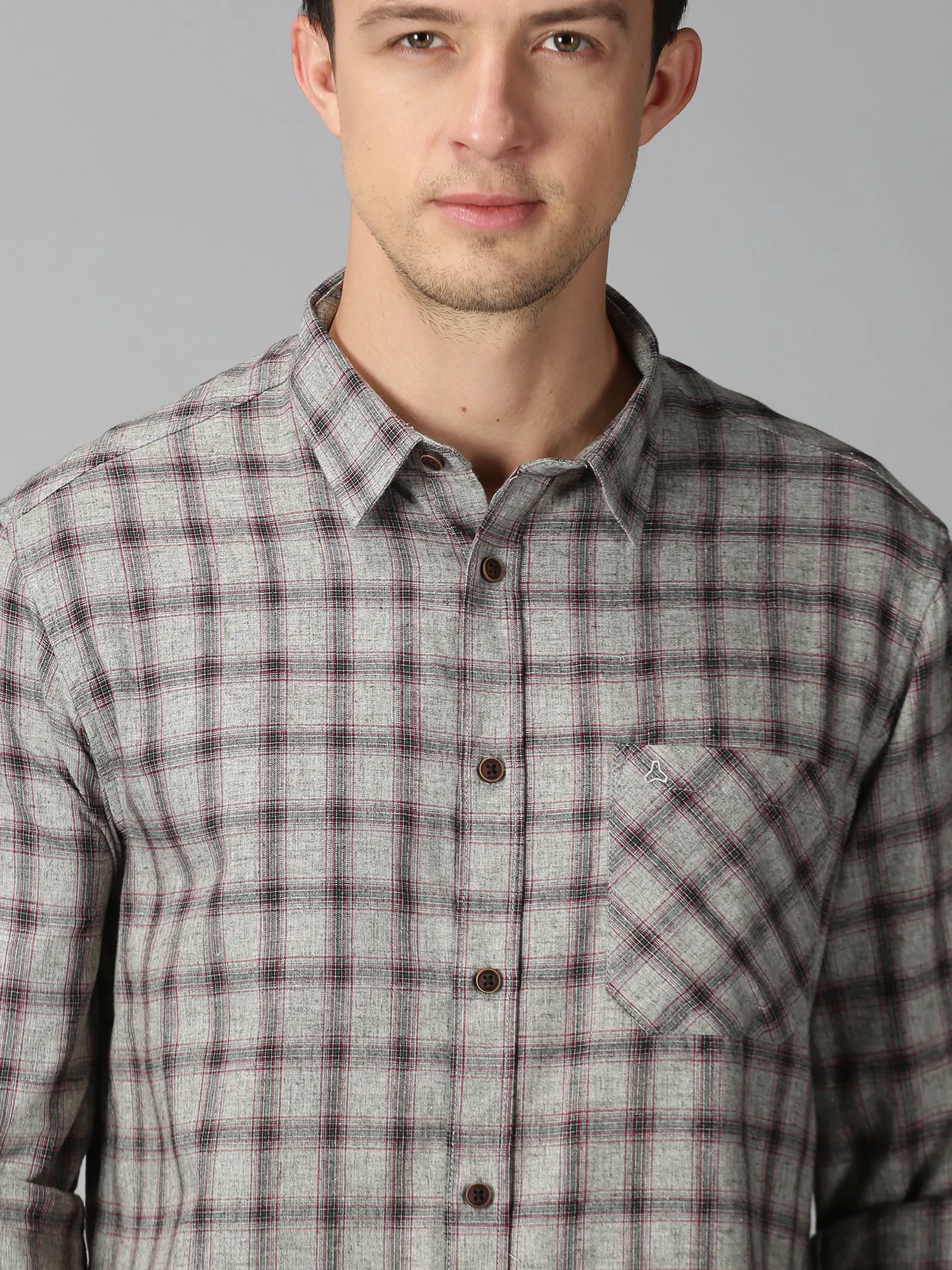 MEN'S BROWN, RED CHECK SLIM FIT SHIRT