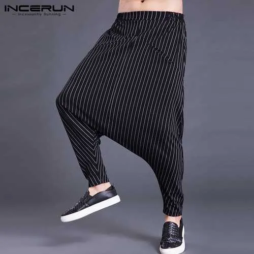 Mens Loose Stripe S-5XL Elastic Waist Harem Pants