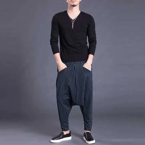 Mens Loose Stripe S-5XL Elastic Waist Harem Pants