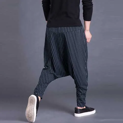 Mens Loose Stripe S-5XL Elastic Waist Harem Pants