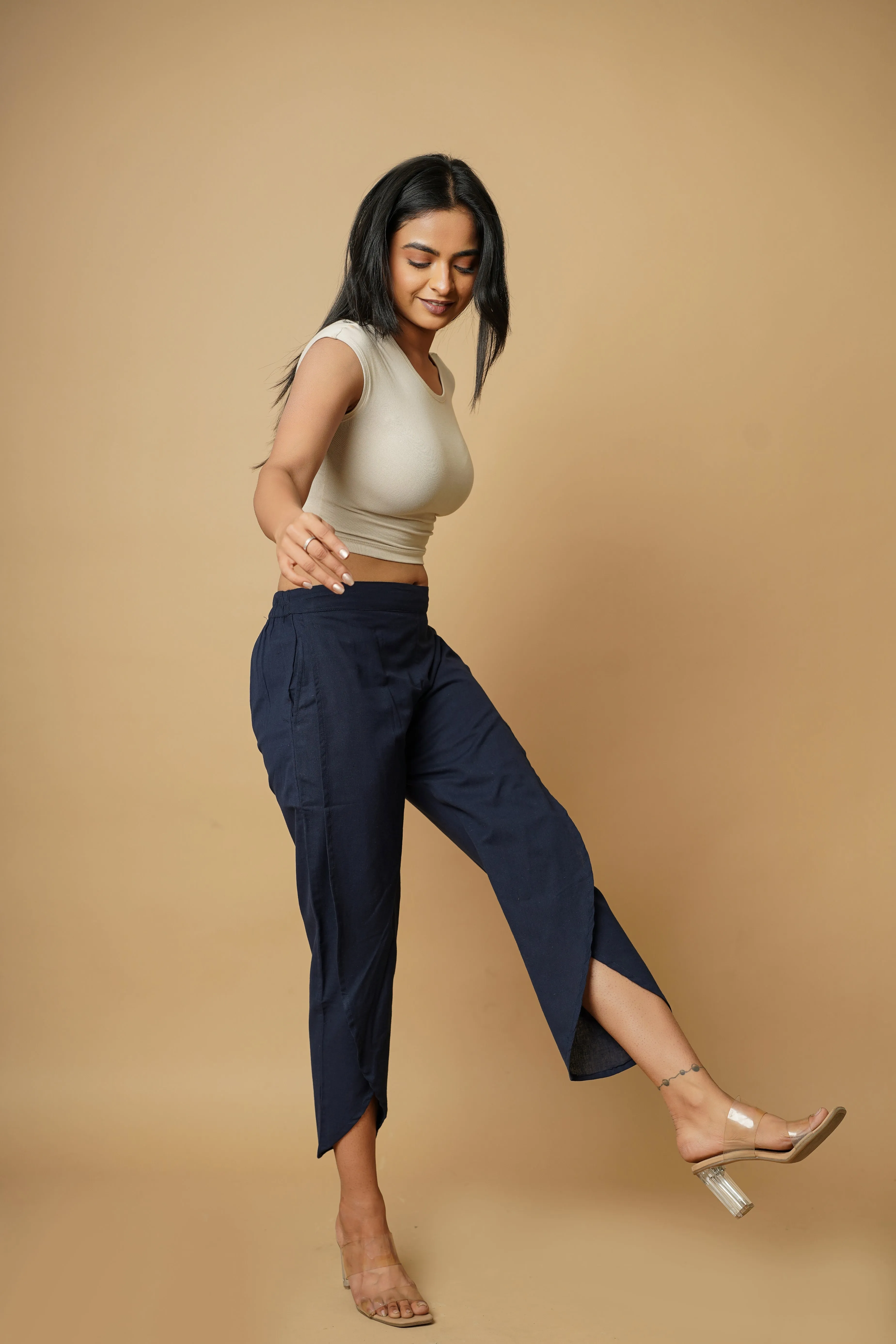 Navy Blue Cotton Women's Tulip Trousers