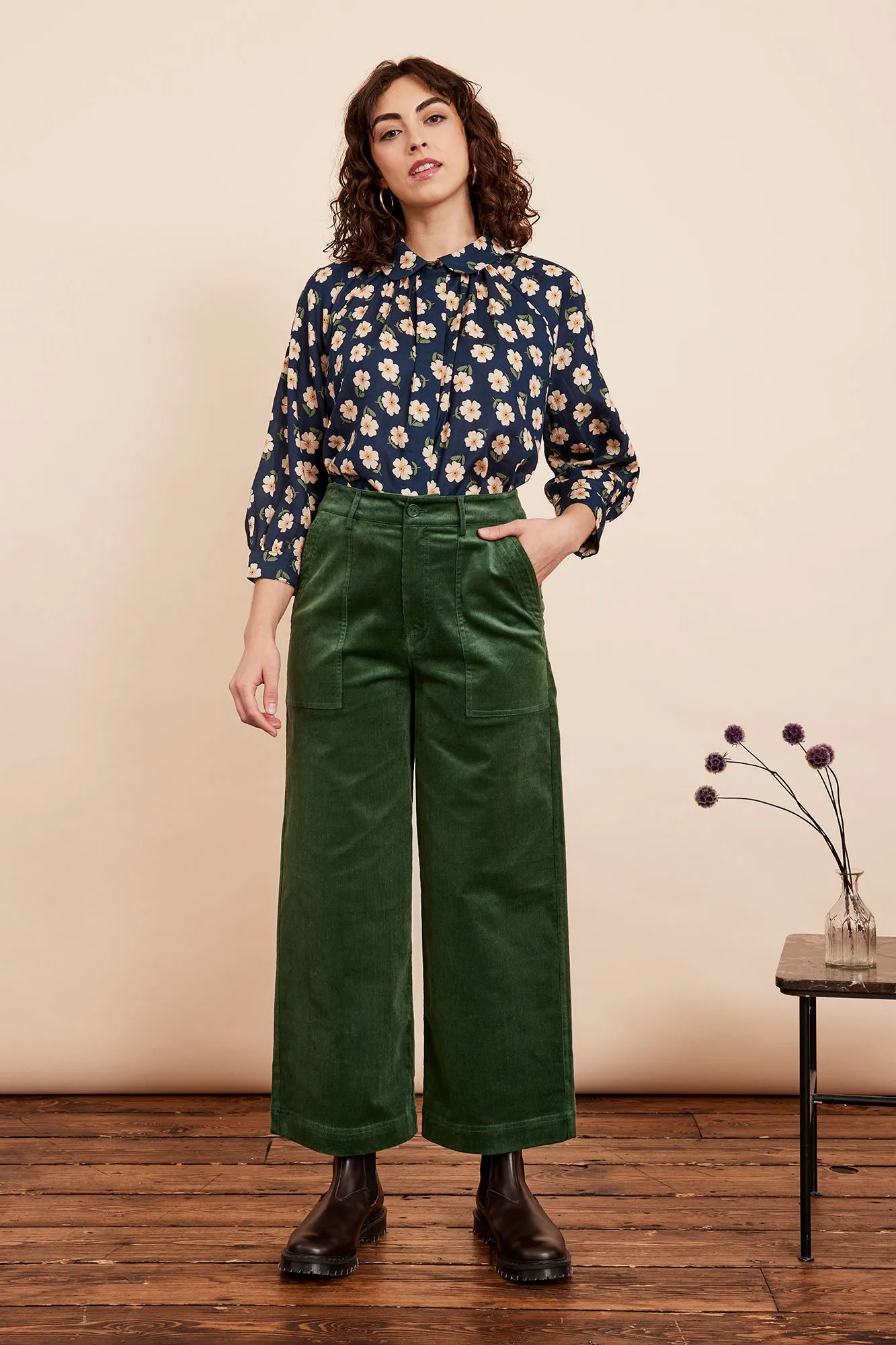 Nora Needlecord Forest Green Trouser Cropped