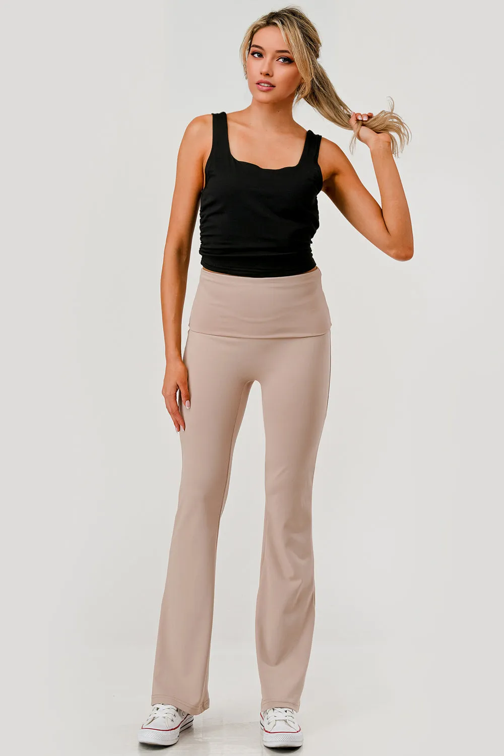 Pillowy Soft Fold Over High Waist Flare Pants - Latte