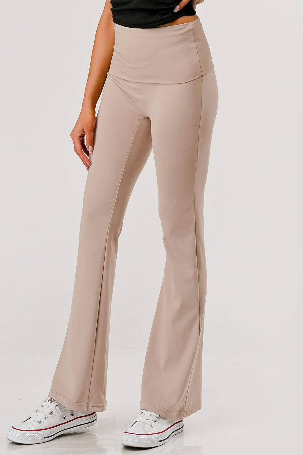 Pillowy Soft Fold Over High Waist Flare Pants - Latte