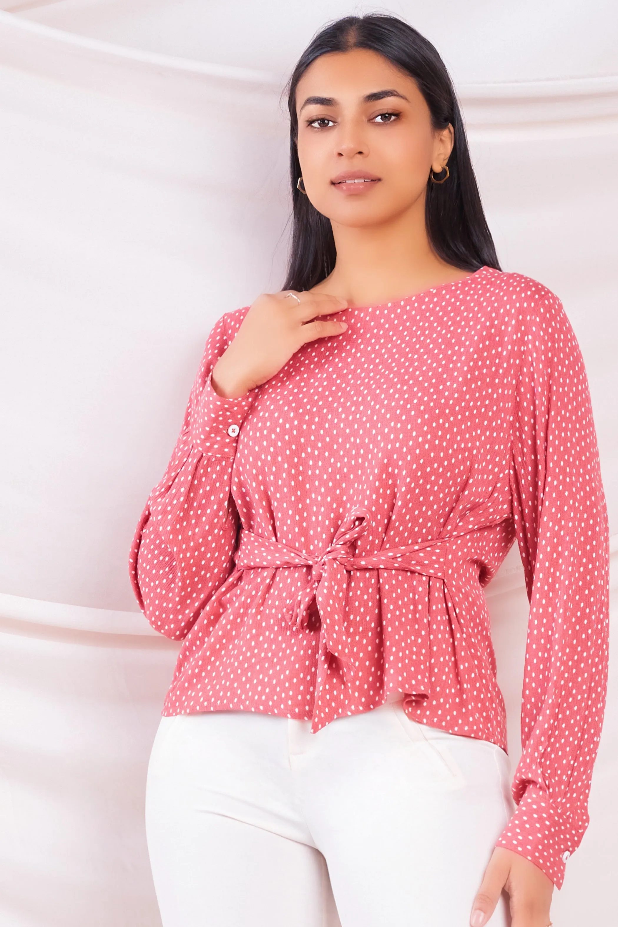 Pink Polka Waist Tie Top