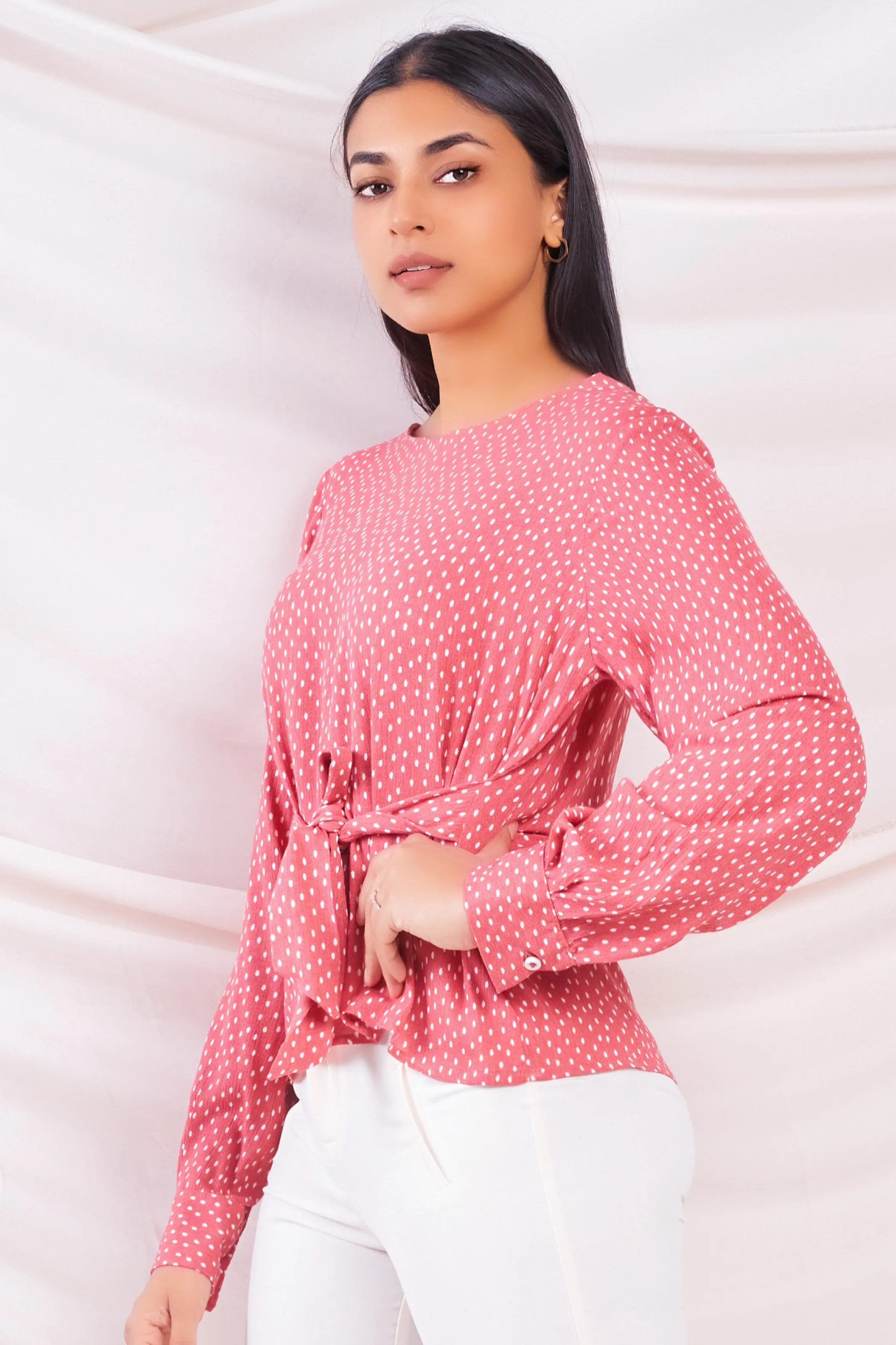 Pink Polka Waist Tie Top