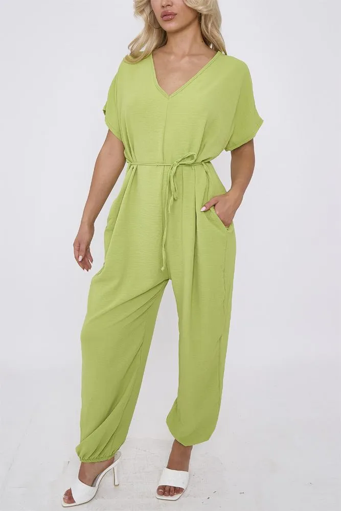 Plain Cuffed Hem Drawstring Waistband Jumpsuit