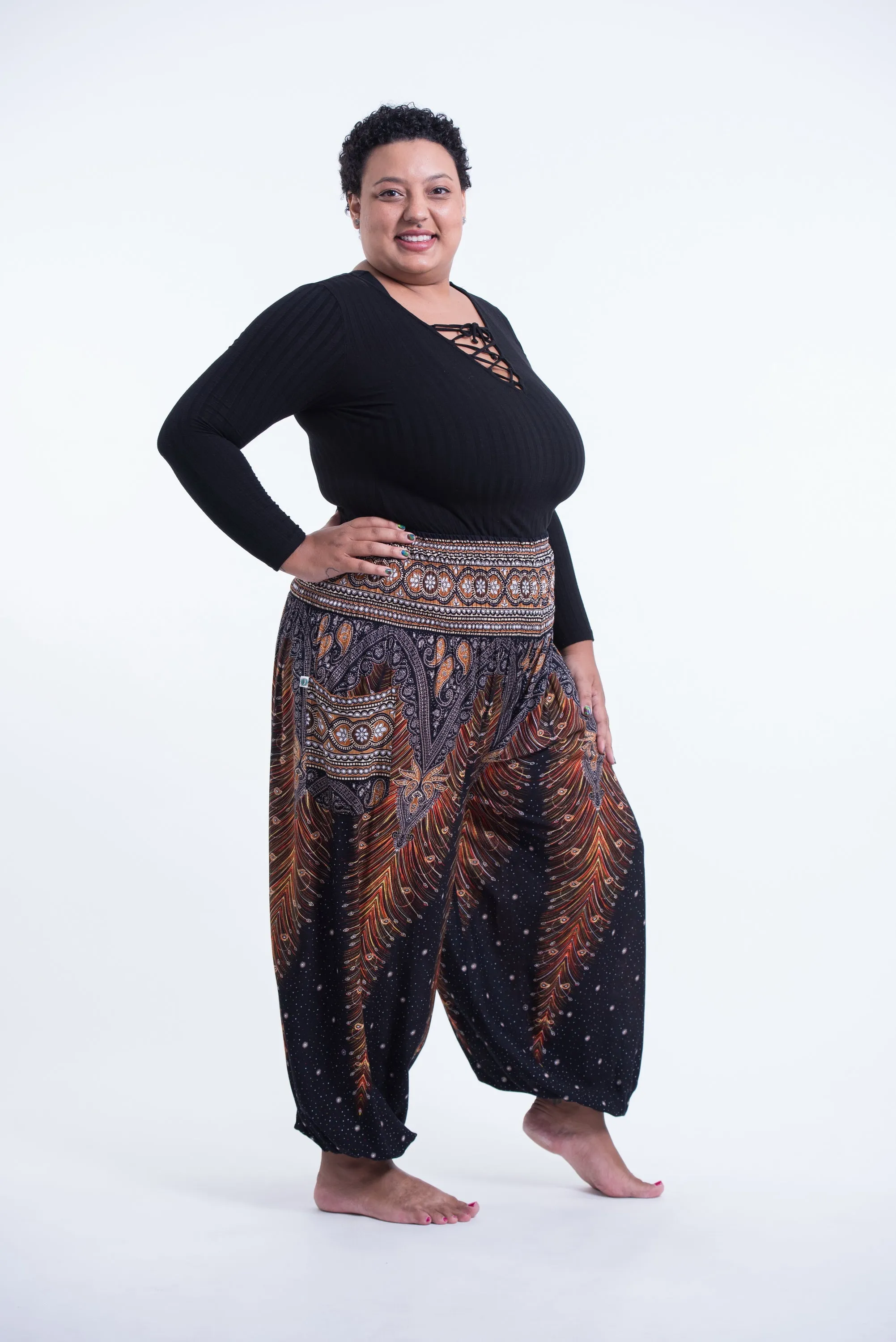 Plus Size Peacock Feathers Unisex Harem Pants in Black