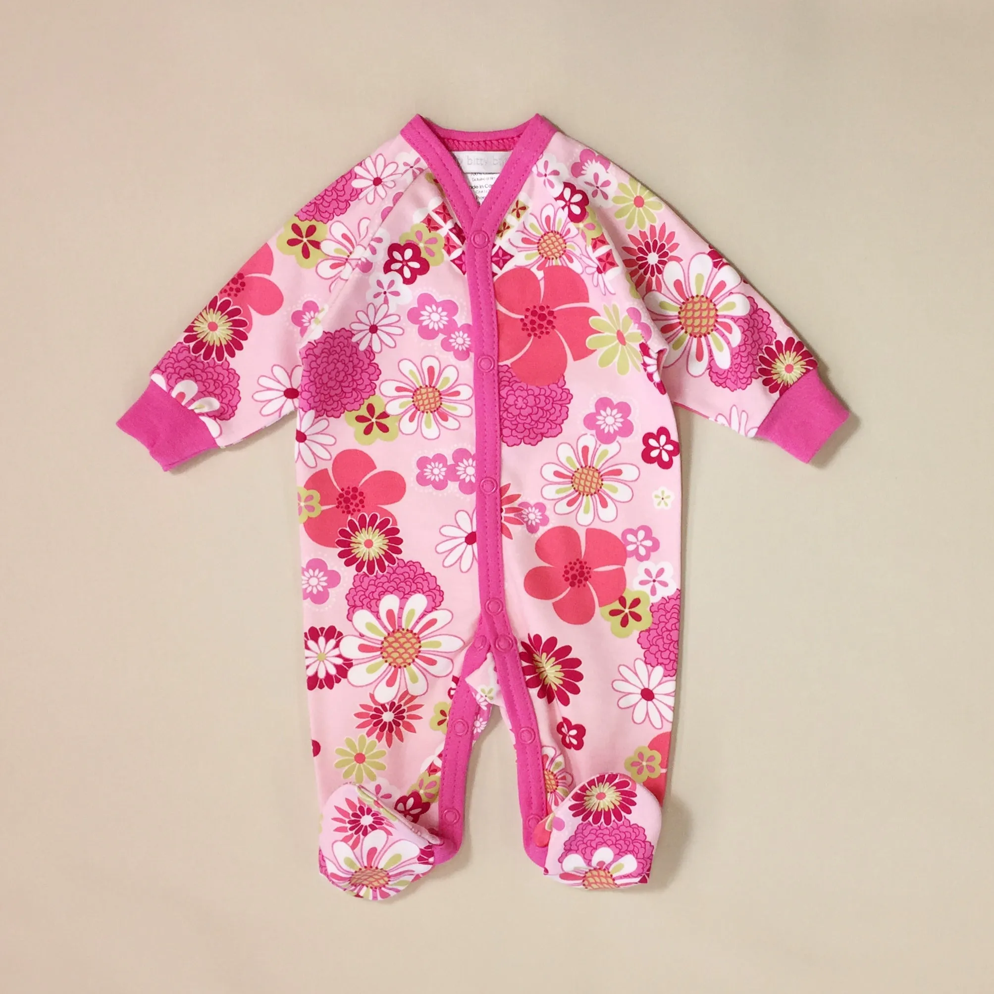 Retro Flower Snap Front Footie - Pink