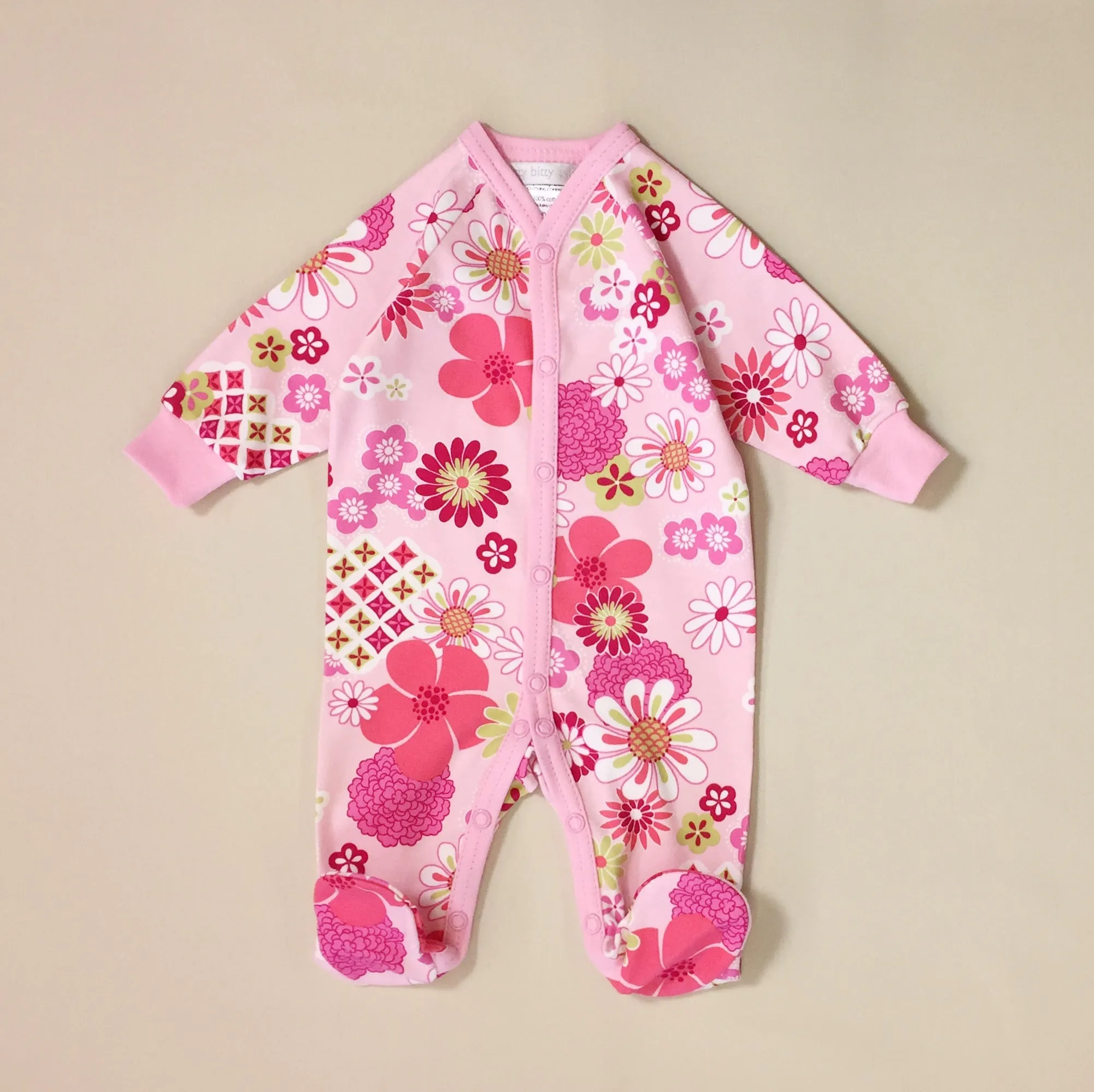 Retro Flower Snap Front Footie - Pink