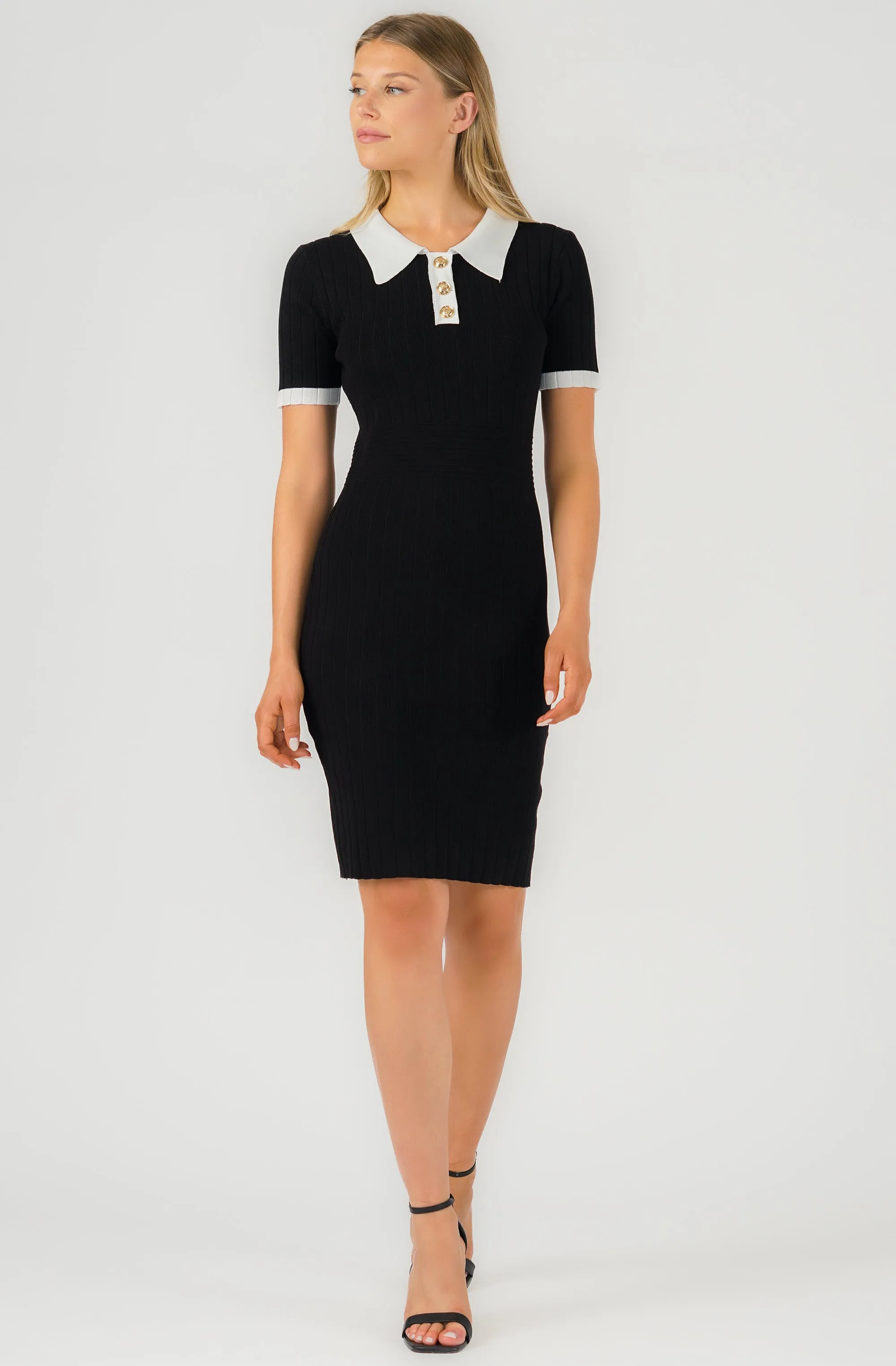 Ribbed Knit Dress with Contrasting Collar