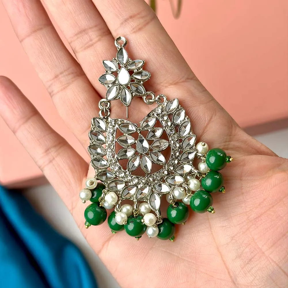 Sameera Earrings/Teeka Set Silver (Green)