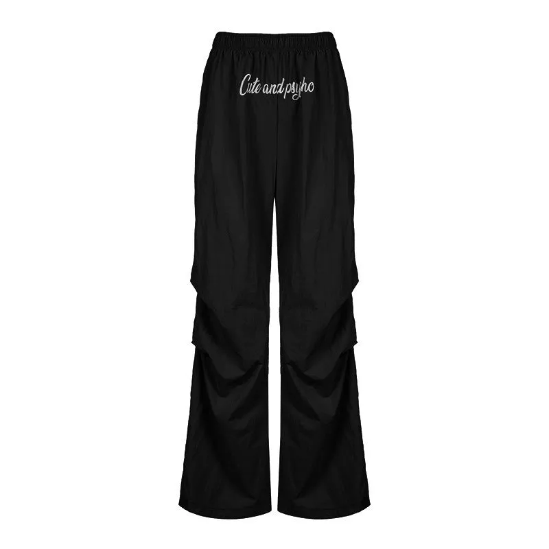 Sexy Letter Graphic Printing Blue Loose Casual Trousers Elastic Waist Minimalism Woven Wide Leg Pants