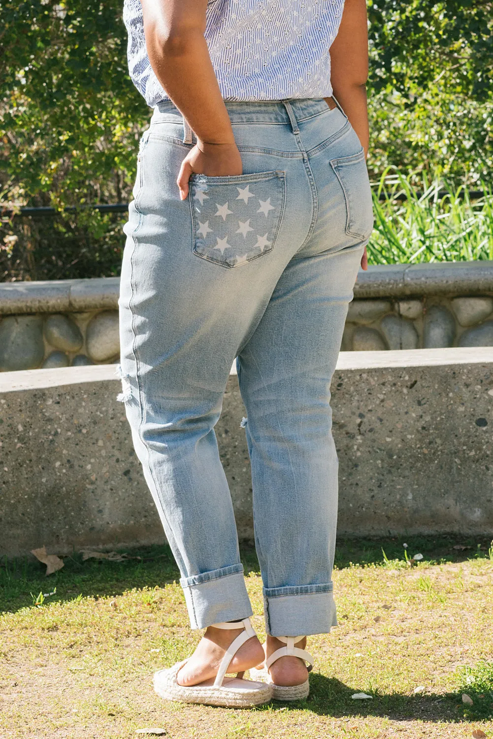 Star Mid Rise Americana Flag Cuff Boyfriend Jeans - PLUS