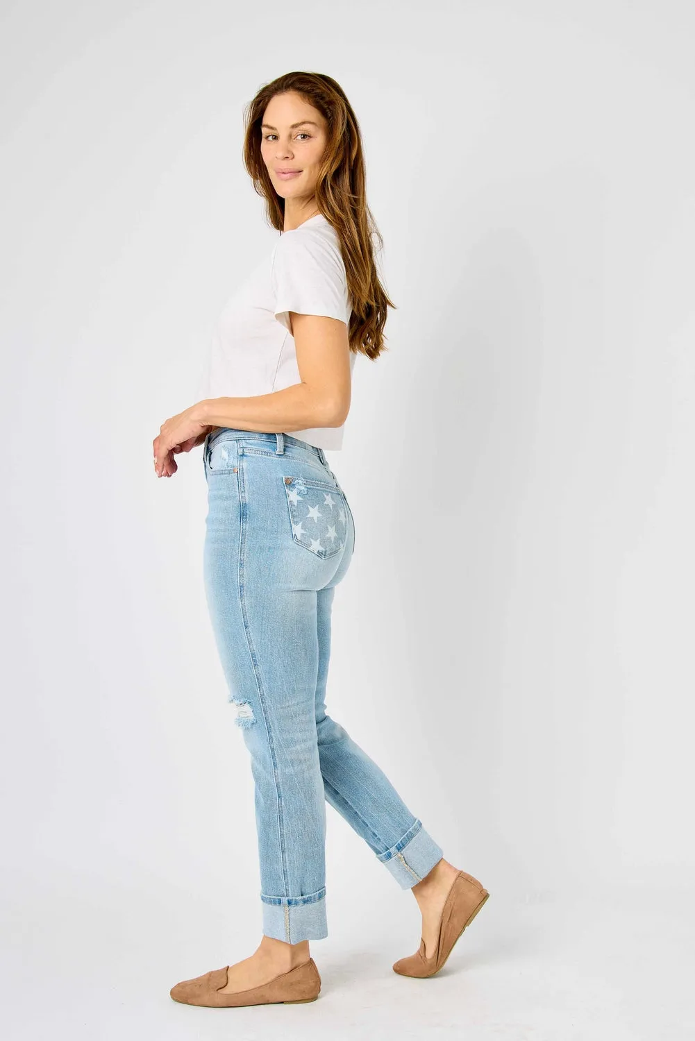 Star Mid Rise Americana Flag Cuff Boyfriend Jeans - PLUS