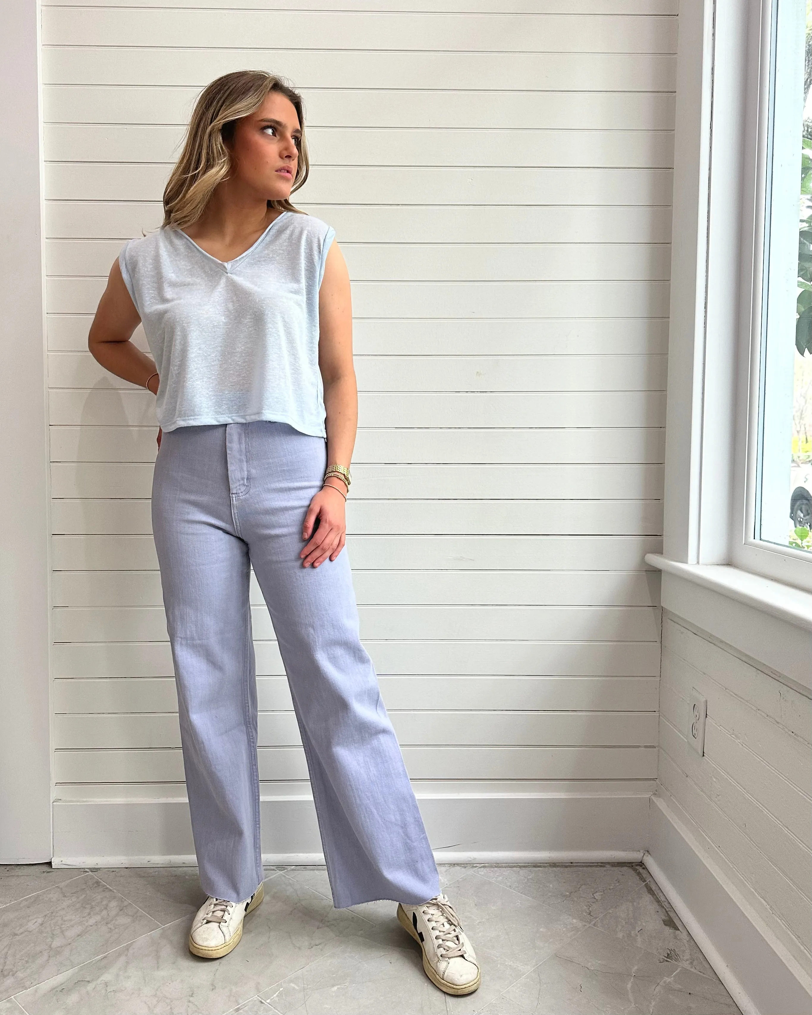 Straight Wide Leg Denim Pants-PERIWINKLE