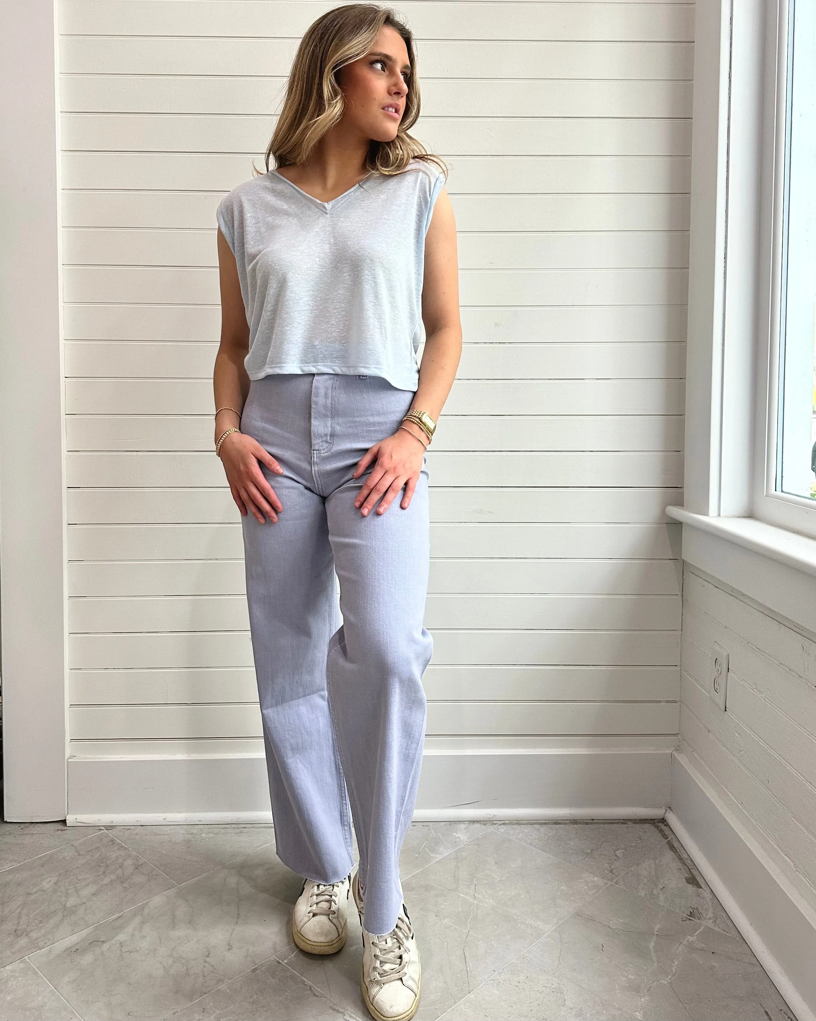 Straight Wide Leg Denim Pants-PERIWINKLE