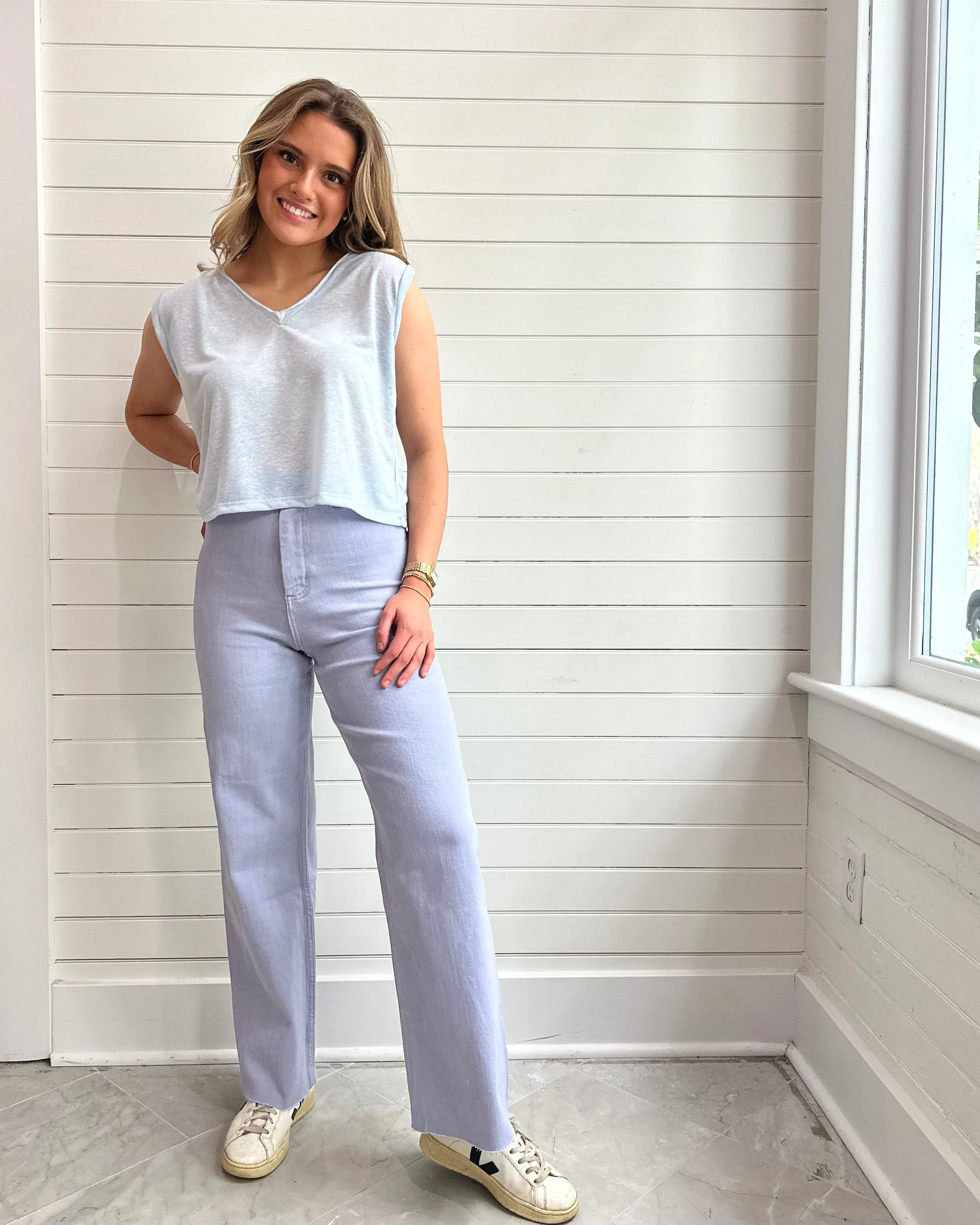 Straight Wide Leg Denim Pants-PERIWINKLE